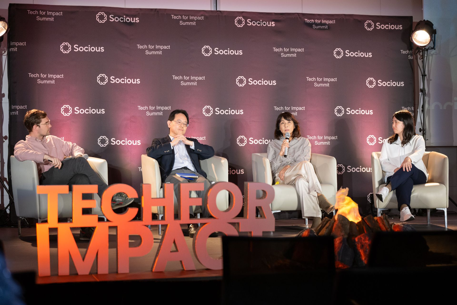 Learning in the Age of AI panel at Tech for Impact Summit 2026 — Yumiko Murakami, Satoshi Hirose, Maiko Kojima, and Harry Dempsey on the Main Stage